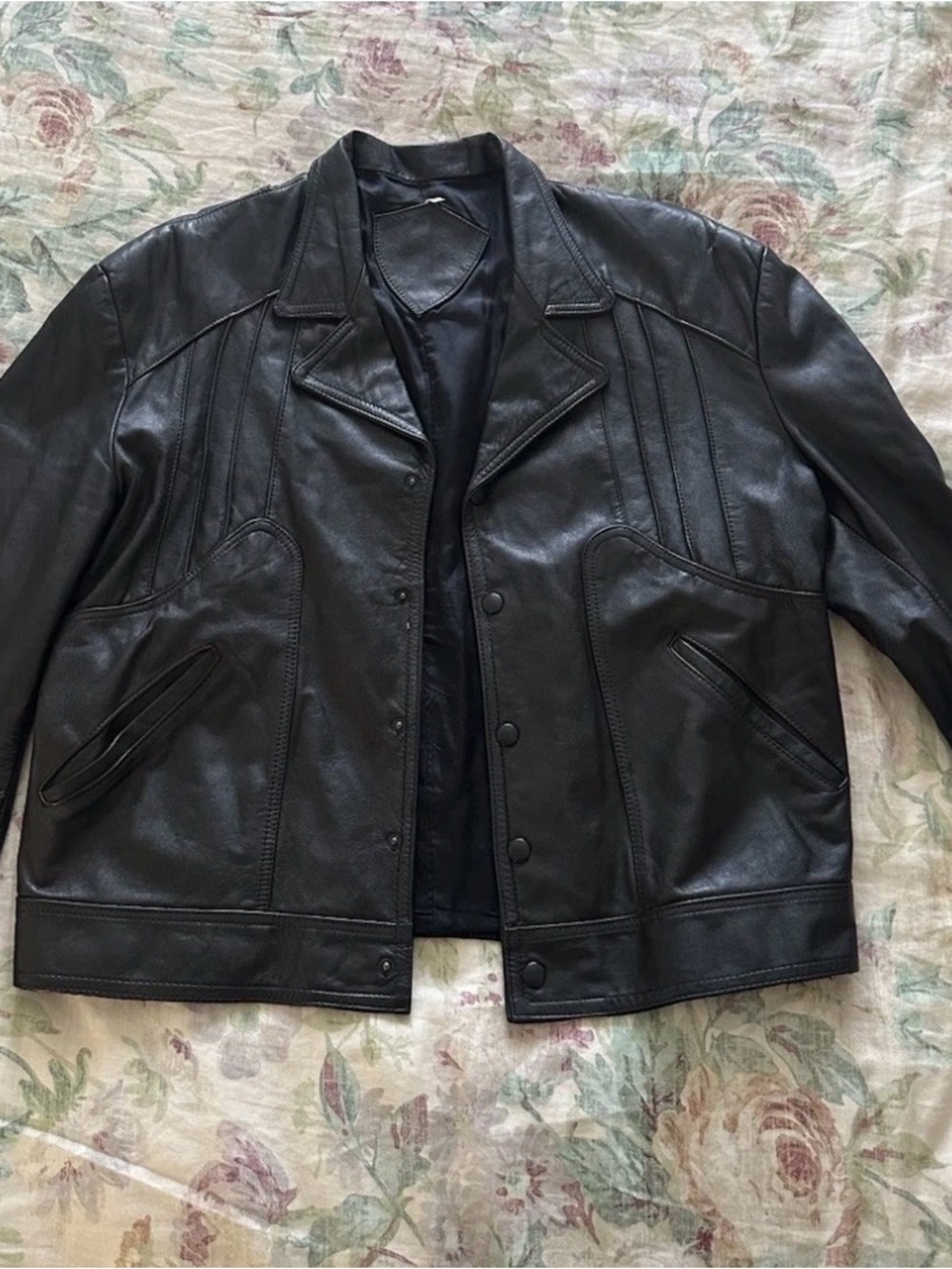 Vintage Eberle Black Motorcycle Jacket Men's Size 42 Button Accents Snap Closure